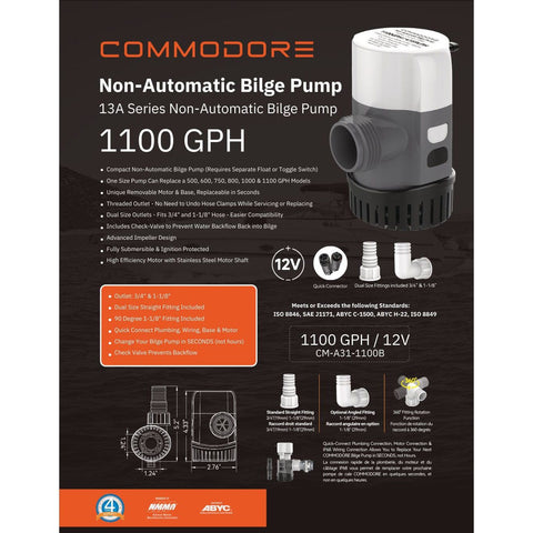 Commodore Qualifies for Free Shipping Commodore 1100 GPM Non-Automatic Bilge Pump #CM-A31-1100B