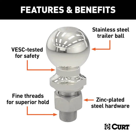 CURT Qualifies for Free Shipping CURT 2" SS Hitch Ball 6000 lb 1" x 2-1/8" Shank #40053